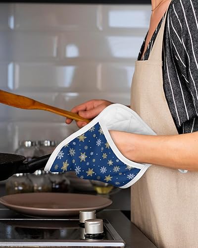 Miniatura 5 de Juego de 4 agarraderas de tela de toalla con diseño de copo de nieve de color dorado marino para cocina, antideslizantes y aislantes de calor, con