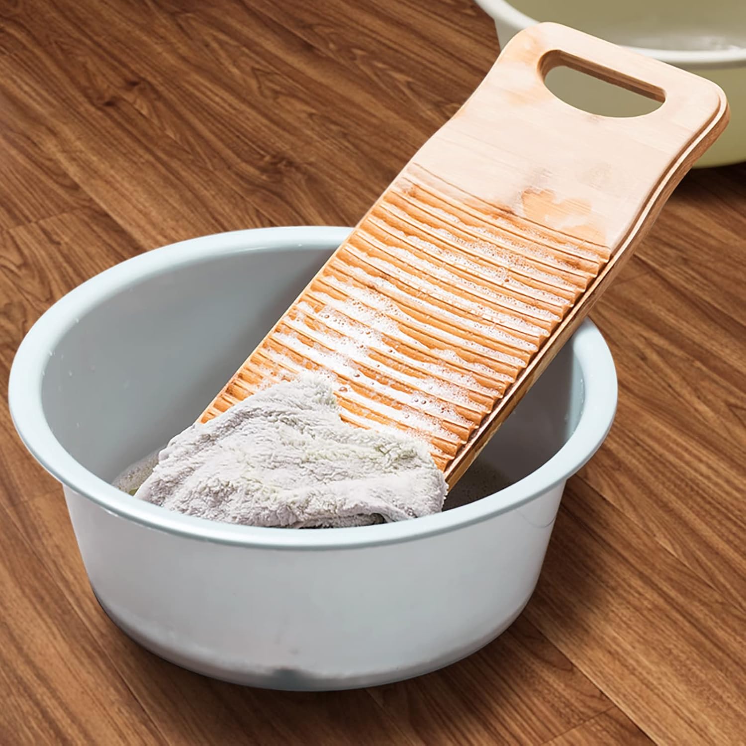 PINGEUI 2 Pack Bamboo Washboard, 15.7x5.9x0.7 Inch Anti-slip Wood Washing Clothes Washboard with 2 Pair Rubber Gloves and 2 Soap Net, Hanging Washboard for Small Washing Jobs