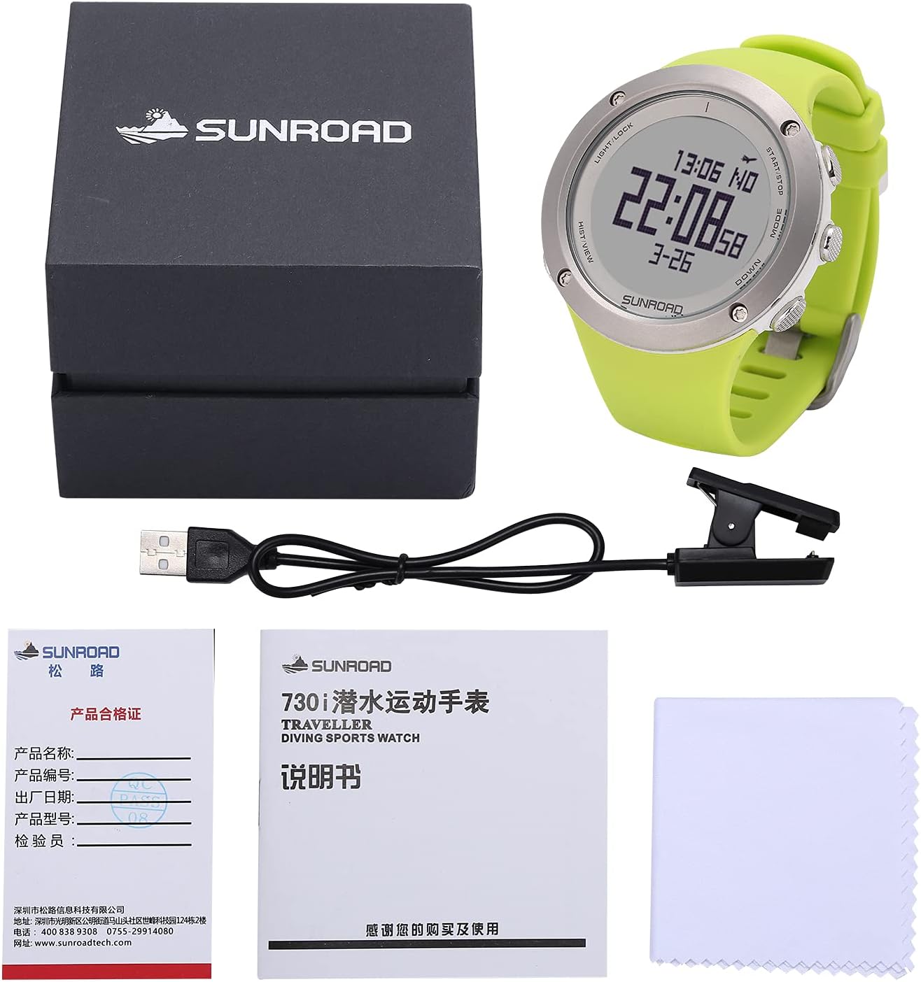 Package contents of the SUNROAD Scuba Diving Computer, including the watch, USB charging cable, user manual, and cleaning cloth.