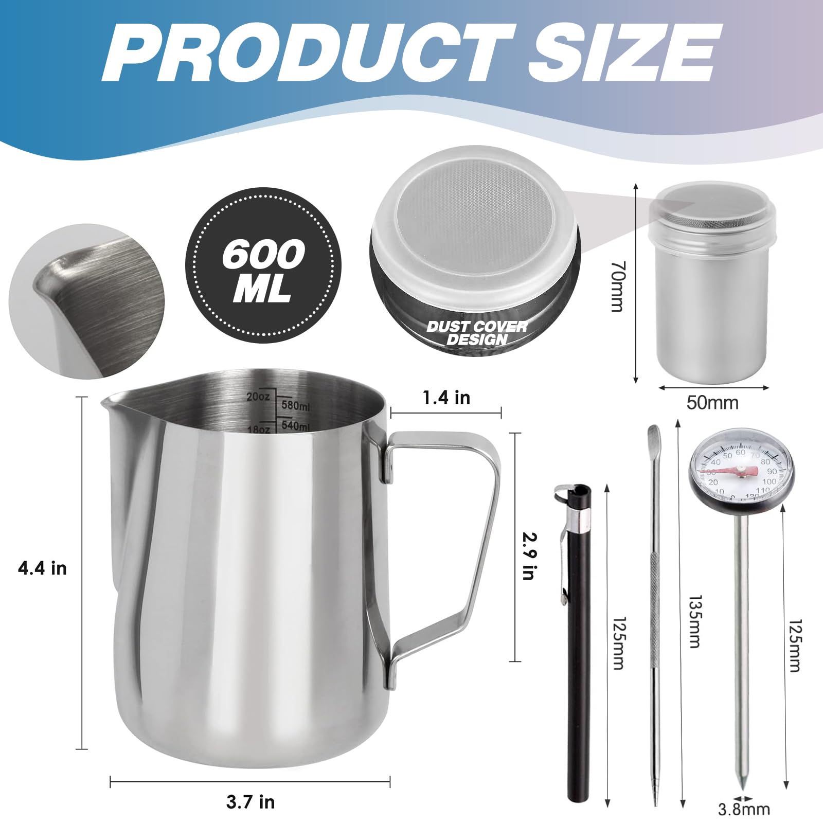 Milk Frothing Jug, 600ml/21oz 304 Stainless Steel Milk Frothing Pitcher Milk Jug with Powder Shaker Thermometer Latte Art Pen - Image 2