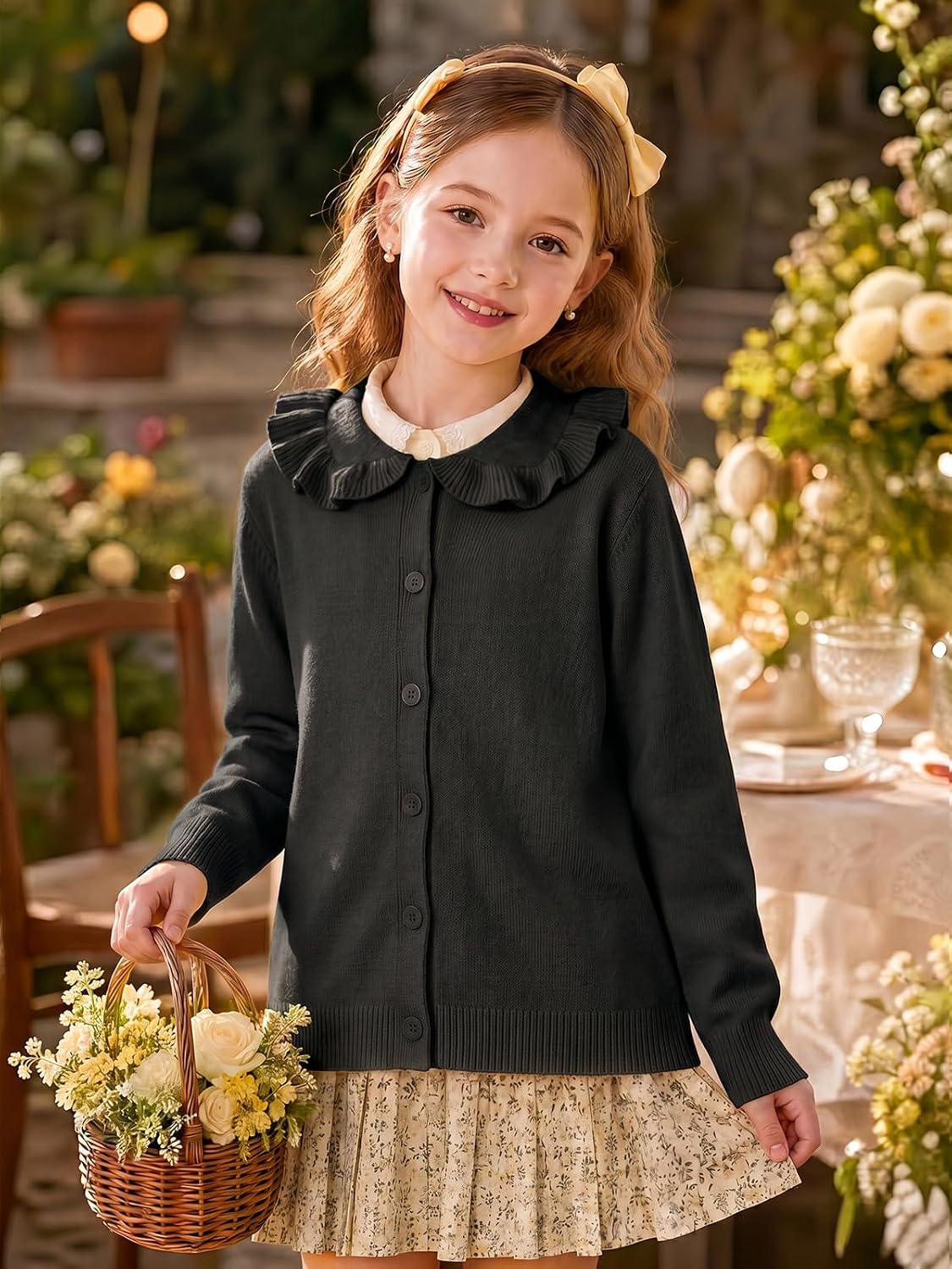 Haloumoning Girls Cardigan Sweater Ruffled Peter Pan Collar Sweaters 5-14Y | Kids Long Sleeve Button Up Knit Sweater, Ruffle Trim Warm and Soft Spring Fall Outwear