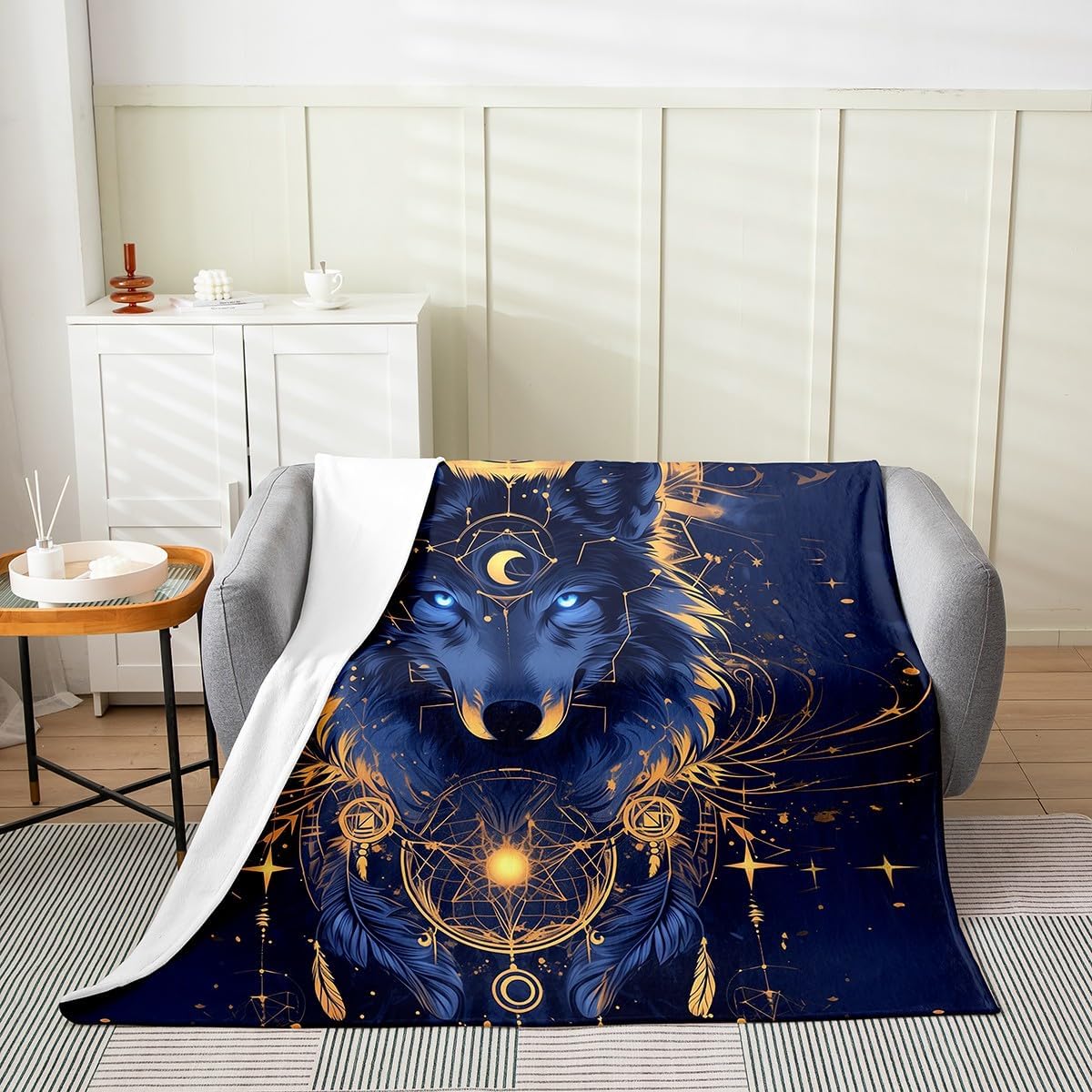 Wild Wolf Fleece Blanket,Ethnic Animal Tribal Dreamcatcher Exotic Bed Blanket for Kids Teens,Artwork Golden Glitter Moon Stars Galaxy Flannel Blanket for Room Decor,Queen 90"x90"