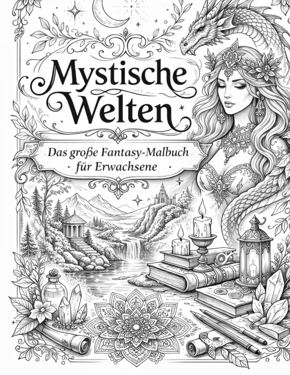 Mystische Welten – Das große Malbuch für Erwachsene: Über 50 detailreiche Ausmalmotive mit Mandalas, Drachen, magischen Landschaften, ... Line Art zur Entspannung und Stressreduktion