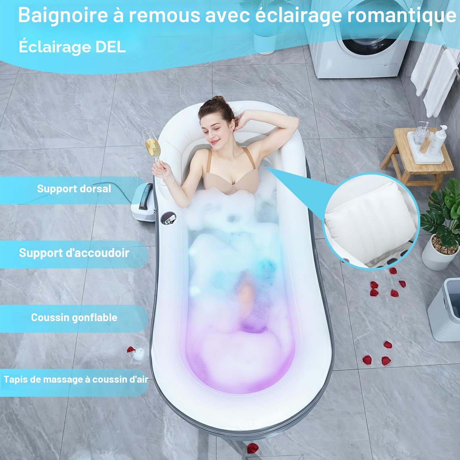 Baignoire portable pour adultes avec matelas de massage à air, baignoire spa avec éclairage LED romantique, oreiller/appui-tête/accoudoirs (pompe à air incluse)