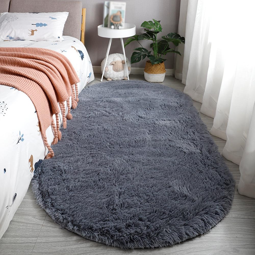 Treer Alfombra Oval de Pelo Largo para Salón, Color Sólido Alfombras Dormitorio Modernas Lavables Antideslizante Alfombra Shaggy, Esponja Alfombra área para Habitacion (60x90cm,Gris)