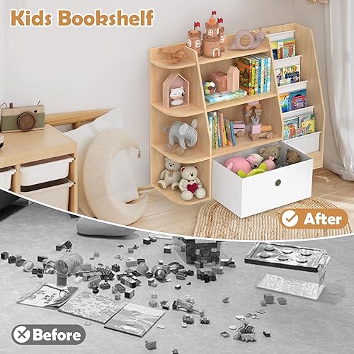 Miniatura 5 de Estantería para niños y almacenamiento de juguetes, estante de madera de 4 niveles para libros, estantería grande para niños con cajones, estantería