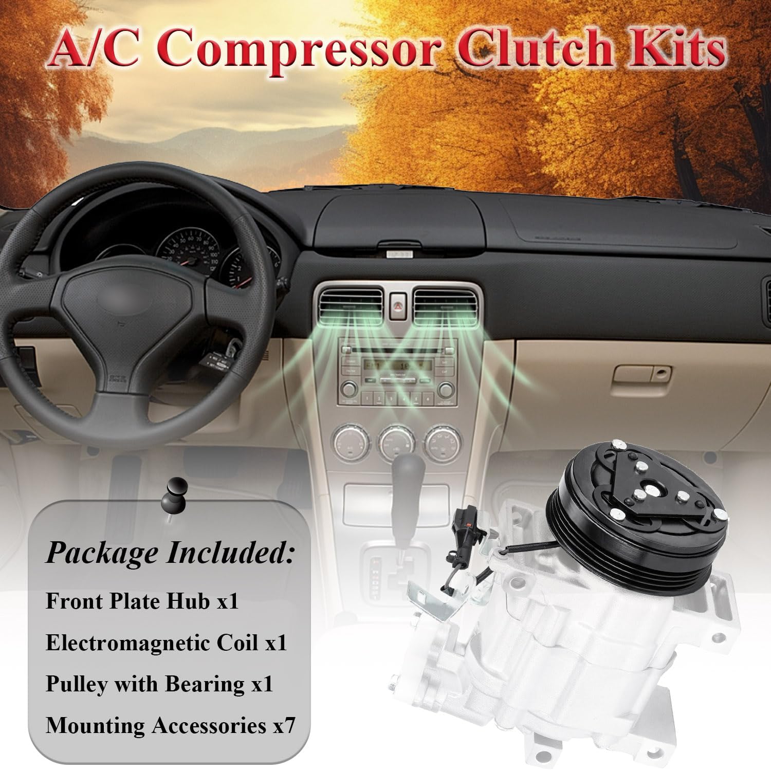 A/C Compressor Clutch Assembly Kit Plate Pulley Bearing Coil 73111SA010 Replacement for 2003-2007 Subaru Forester 4 CYL 2.5L, AC Air Conditioning Compressor Clutch Coil Auto Repair Kit