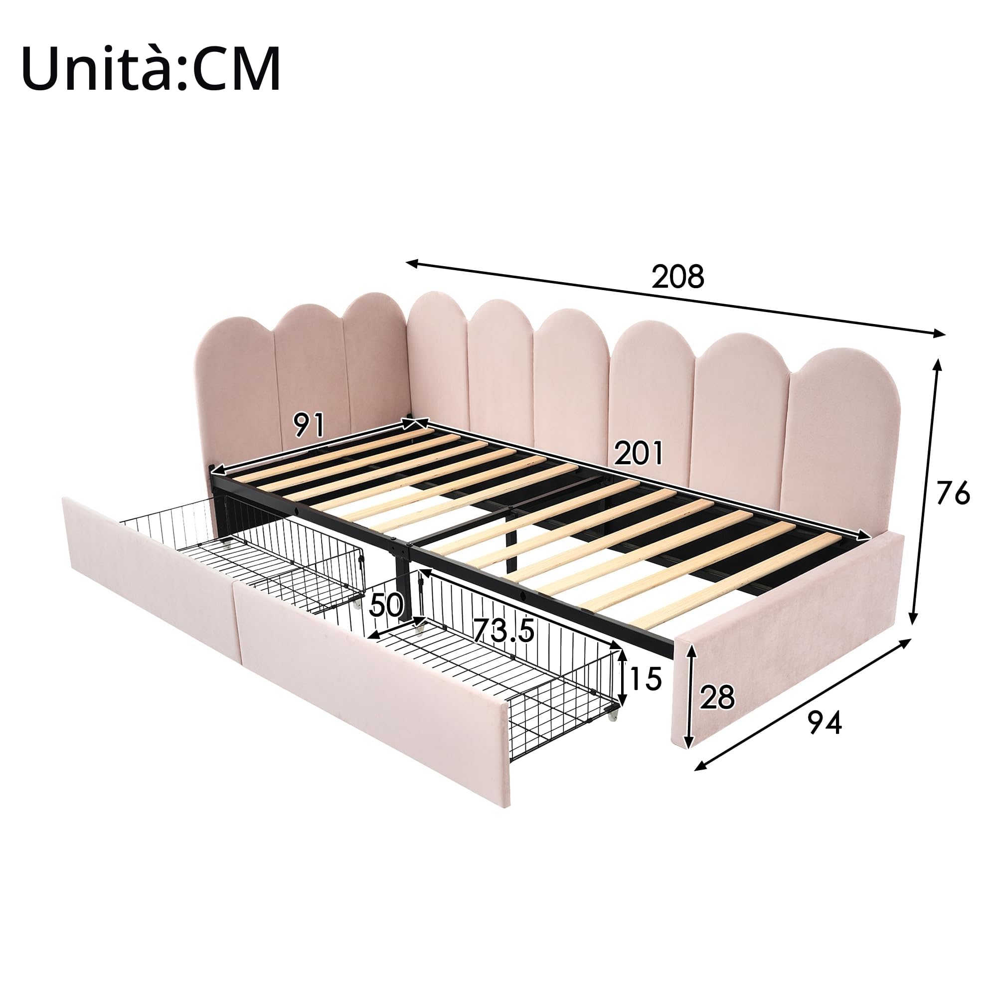 Letto singolo imbottito 90x200cm, con cassetti letto contenitore, divano letto diurno con rete a doghe letto per giovani e adulti letto per bambini, Rosa