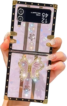Compatible with Samsung Galaxy Z Flip 6 Case, Luxury Bling Butterfly Design Foldable Stand Kickstand for Women & Girls, Flexible Shockproof Protective Case 6.7 Purple