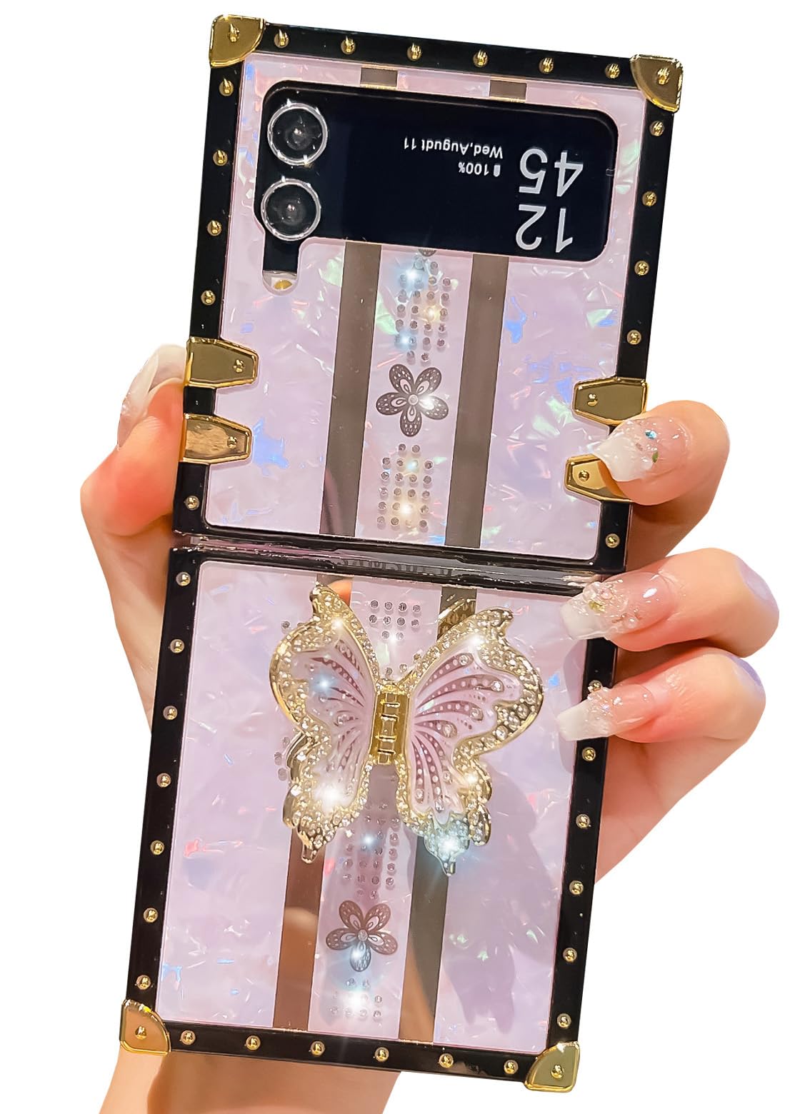TRODINO Compatible with Samsung Galaxy Z Flip 3/ Z Flip 4 Case, Luxury Bling Butterfly Design Foldable Stand Kickstand for Women & Girls, Flexible