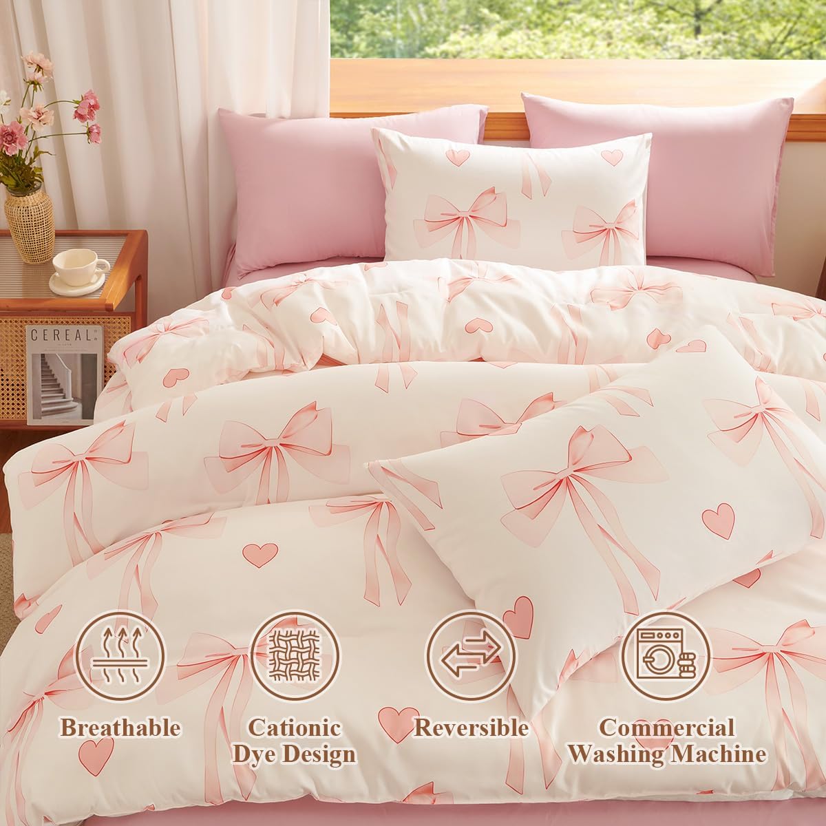 Pink Bow Comforter Set Full Size 3 Pieces Heart Bedding Sets Girls | Pink White Heart Comforter,Full Bed in a Bag for all Seasons,Dorm Room Comforter Microfiber,Aesthetic,OEKO-TEX Certified