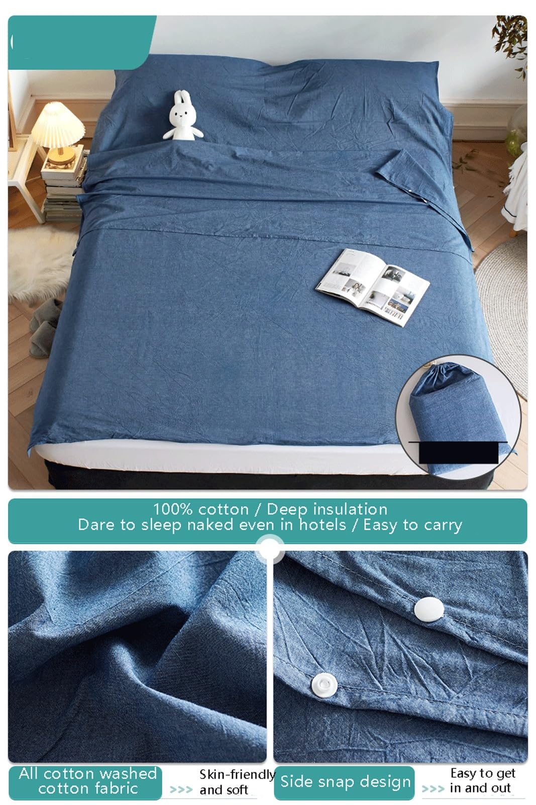 RUZGAR Sleeping Bag Liner Single Double Travel Sheet and Camping Sheet 100% Washed Cotton Comfy and Easy Care Adult Sleep Sack (Color : Blue A, Size : 130x210cm-51x82)