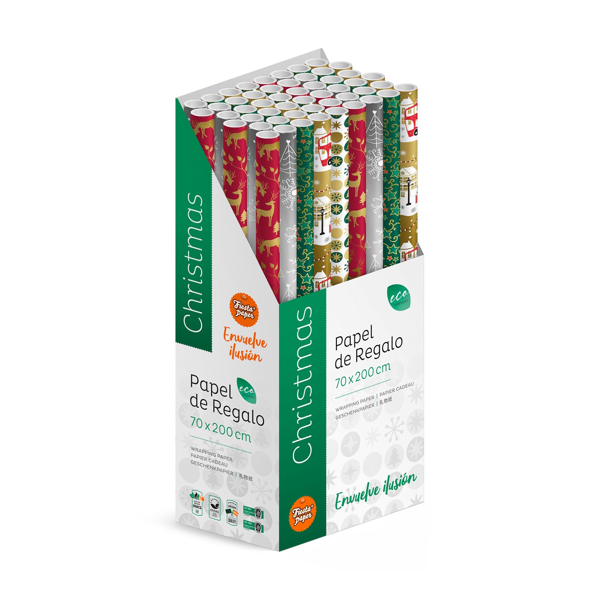Packung mit 50 Rollen Geschenkpapier Weihnachten B 2 m x 70 cm, Präsentationsbox, festliches Design, Weihnachtsgeschenke, Geschäfte FP Fiesta Paper
