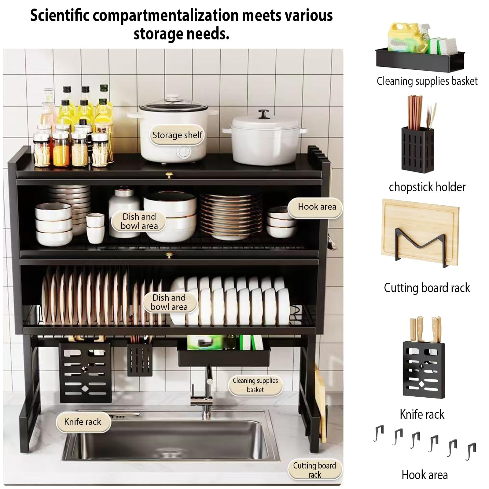 Soporte para utensilios de cocina de 2 niveles, estante de almacenamiento de platos de encimera, diseño de doble capa para organizar platos, vasos, cuencos y cubiertos