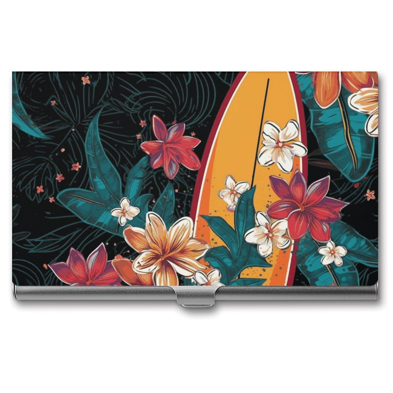 DWVTSLH Surfboard And Flowers Business Card Holder, Slim Portable Metal Business Card Case Pocket Wallet Professional Name Cards Holder for 22-30 Cards, Credit Card ID Case/Holder for Men Women