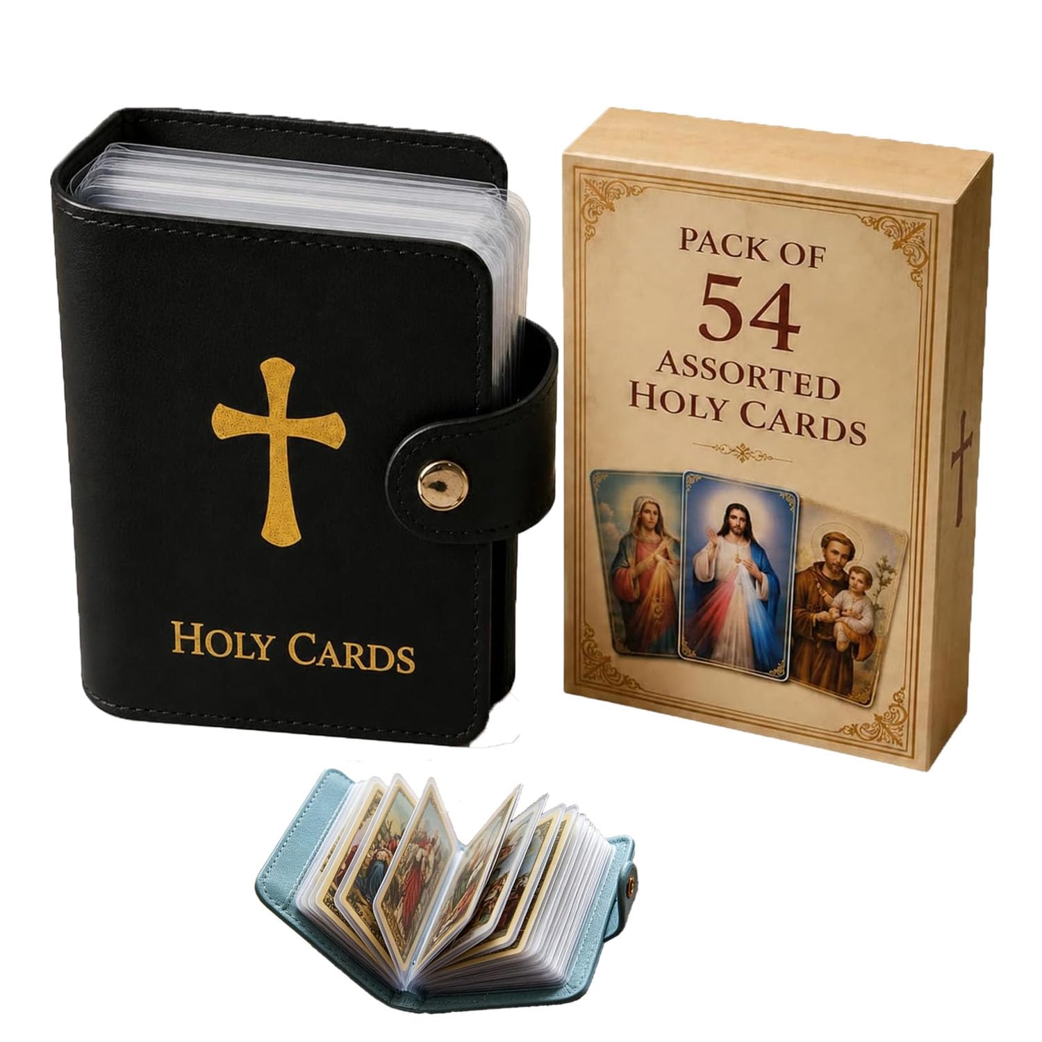 Catholic Holy Card Holder with 54 Prayer Cards, 2026 New Pocket Faux Leather Prayer Card Holder Book with Snap Button, Portable Holy Cards Holders Album for Religious Memorial (Black)