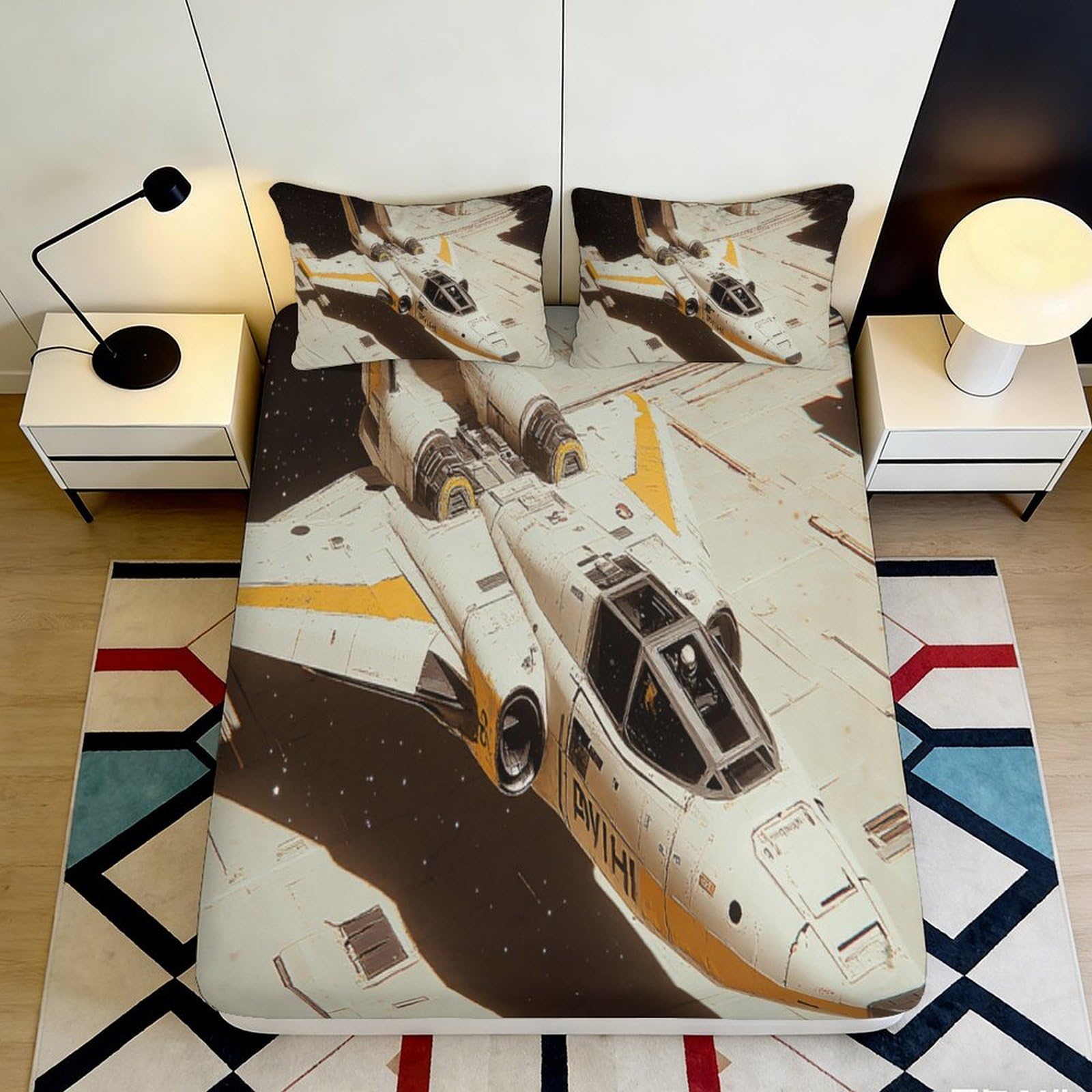 Uynsixtme Style-4 3D Printed Spaceship Pattern Fitted Sheet Microfiber Deep Pocket Bedroom Bedding Spaceship Mattress Fitted Cover Non-Slip Elastic Hem For Adults Teens 140X200x25cm