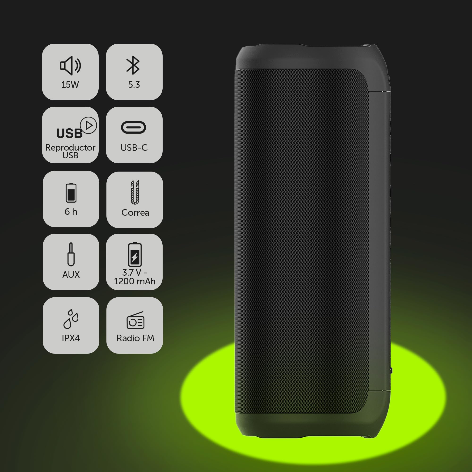 Altavoz Bluetooth Solaris BT - 15W, IPX4, Radio FM, Entrada AUX/USB, Micrófono Manos Libres - Portátil Y Resistente Al Agua