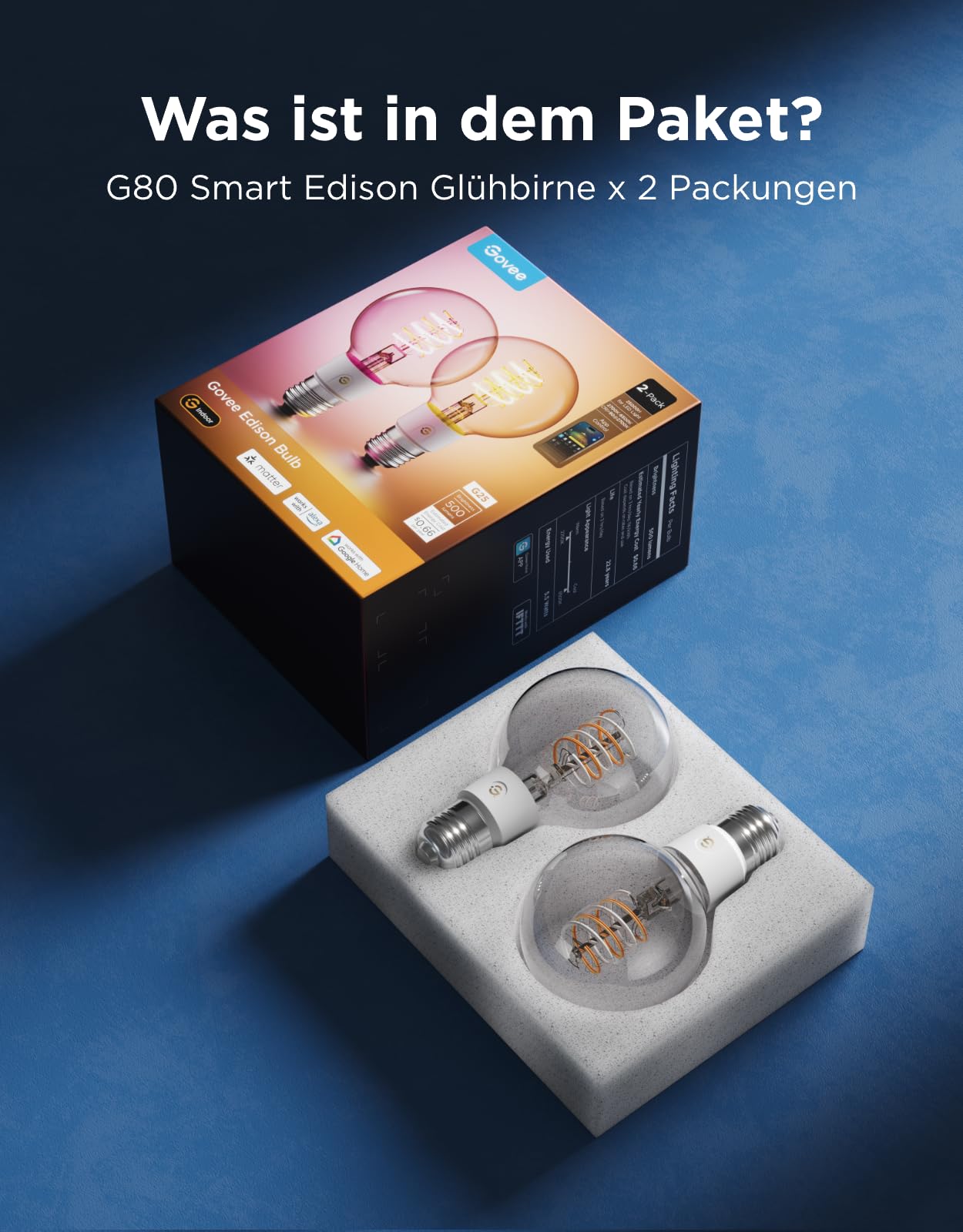 Govee Smart Edison Glühbirne E27, RGBWW Vintage LED Lampe G80, Kompatibel mit Matter, Google Assistant, Dimmbare mit COB-Lichtleiste, 16 Millionen DIY-Farben, für Restaurant und Wohnzimmer, 2 Stück