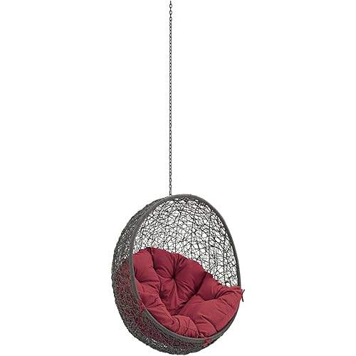 Modway Hide Wicker Rattan Outdoor Patio Swing Chair with Hanging Steel Chain in Gray Red
