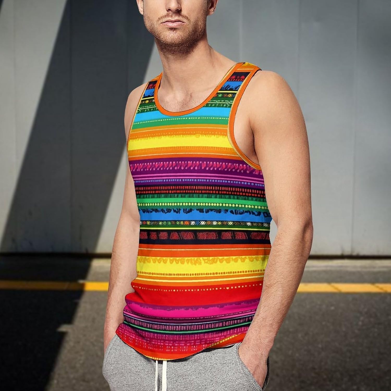 Mexican Serape Colorful Stripes Mens Tank Top Sleeveless Workout Gym Shirts Undershirt