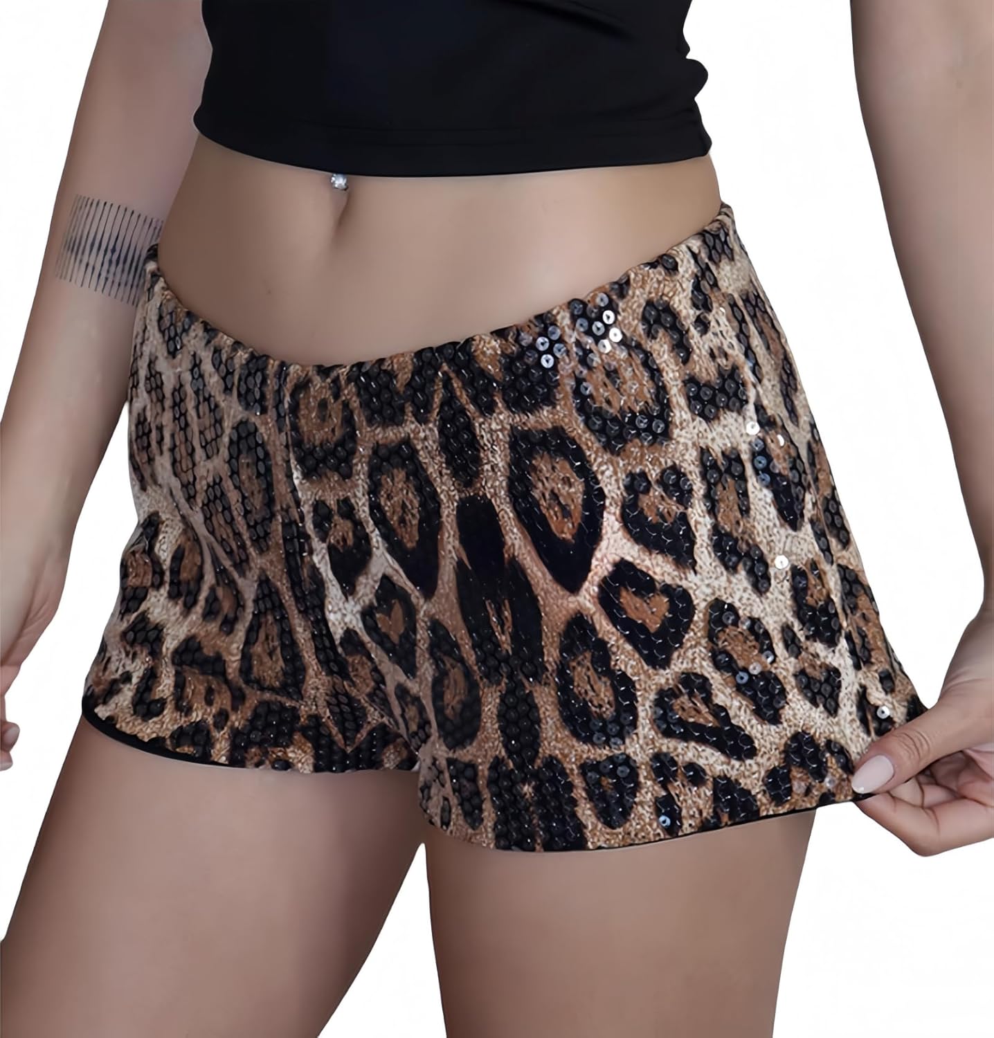JUMISEE Women’s Glitter Sequin Leopard Shorts Sexy Skinny Mid Rise Hot Pants Y2K Party Club Booty Shorts - Image 2