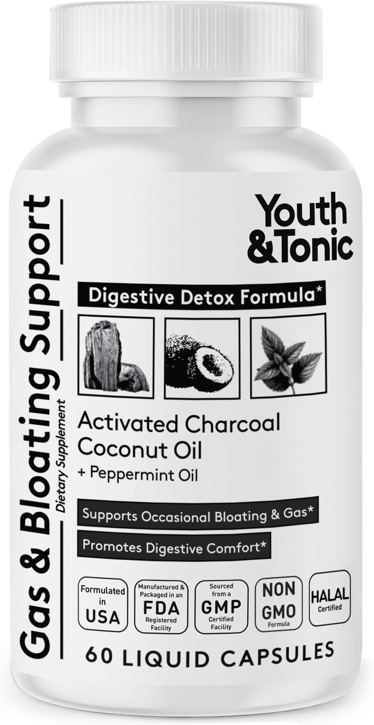 Activated Charcoal Pills for Bloating and Gas Relief to Soothe The Stomach and Digestive System Detox with Peppermint Organic Coconut Oil, for Men Women - 60 Liquid Capsules