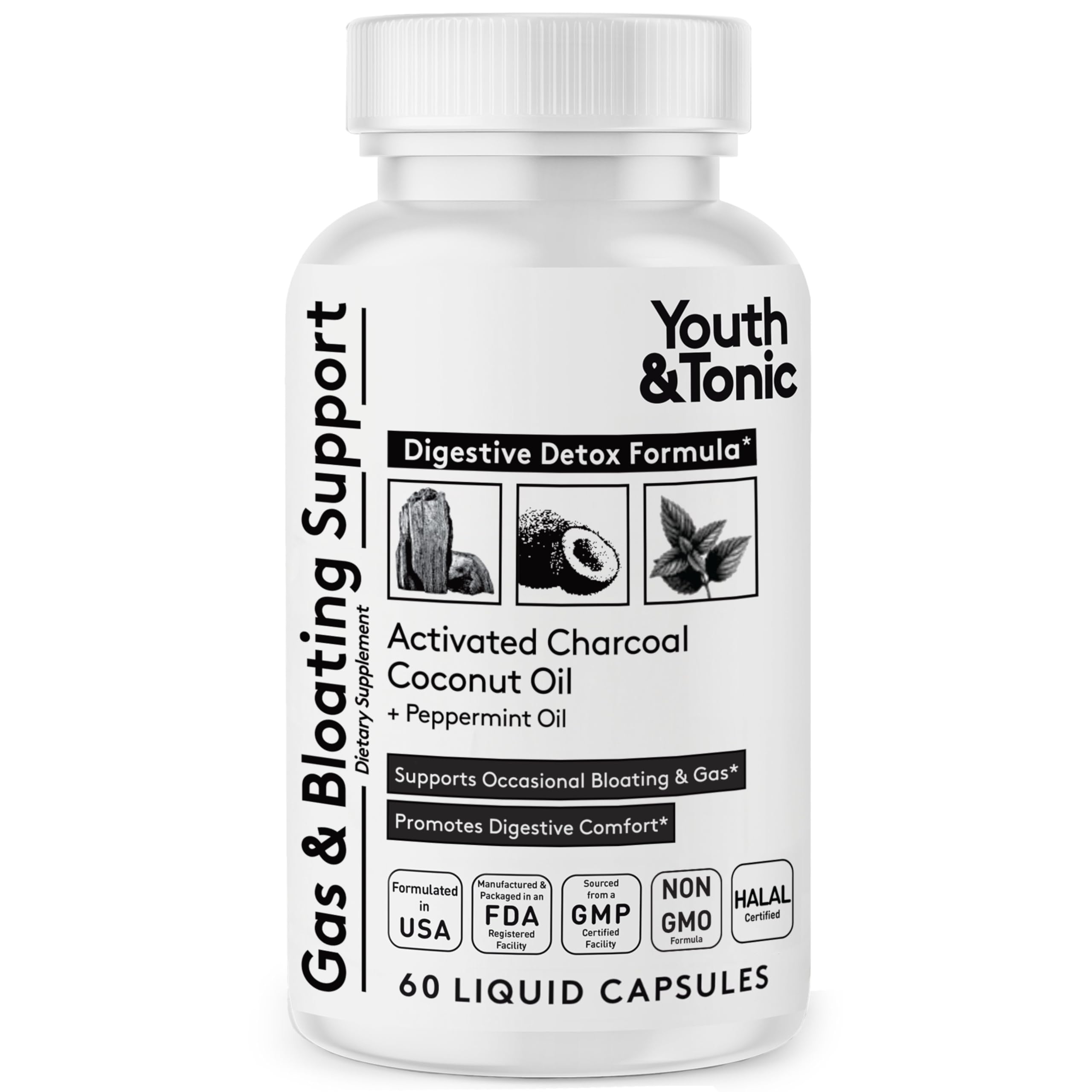 Youth & Tonic Activated Charcoal Pills for Bloating and Gas Relief to Soothe The Stomach and Digestive System Detox with Peppermint Organic Coconut Oil, for Men Women - 60 Liquid Capsules