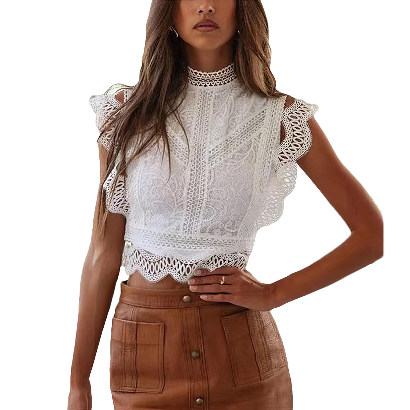 Camicetta da donna in pizzo scavato morbido senza maniche con volant elegante camicia estiva top