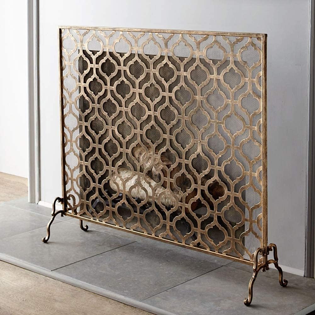Fireplace Screen Guard, FireplaceProtection Vintage Fire Place Screen Mesh， Single Panel Solid Wrought Ironguard for Ember/Flame/Open Fire， 93×20×76cm (Color : Retro Color)