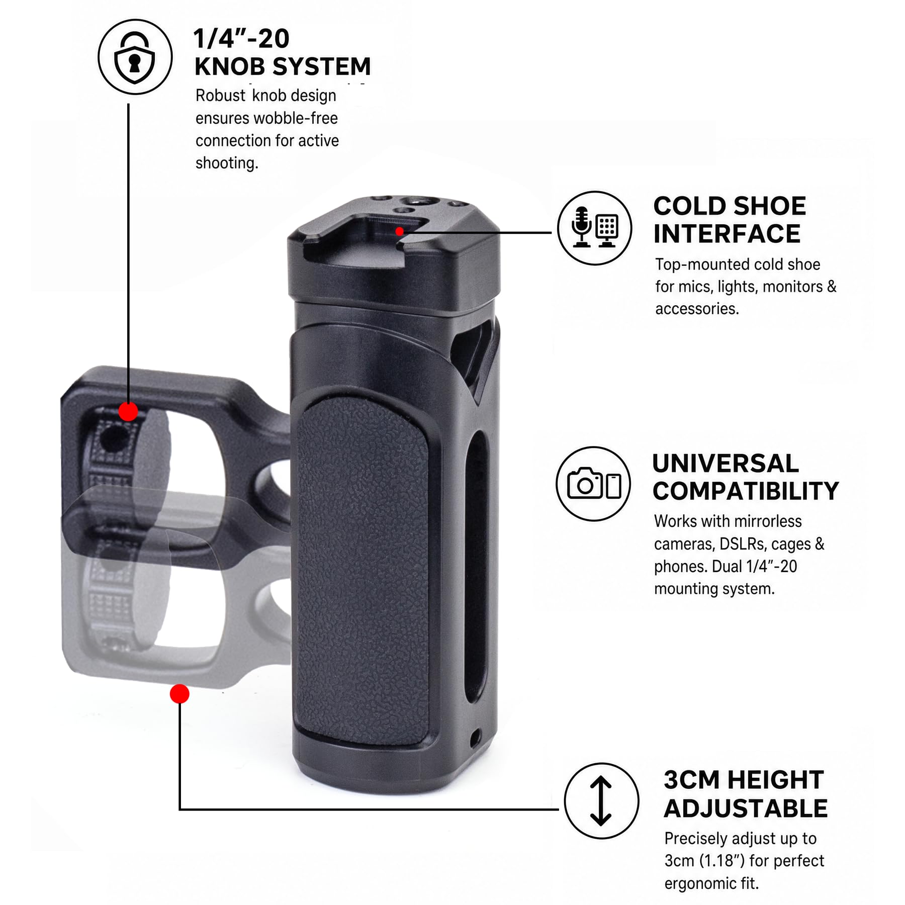 Zeadio Maniglia laterale regolabile per fotocamera con manopola da 1/4"-20 e supporto per slitta fredda per fotocamere DSLR mirrorless, supporto per telefono, per registrazione, treppiede Vlog, kit di