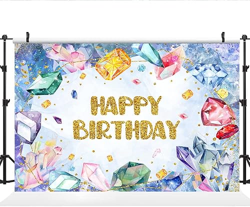 Miniatura 2 de Lofaris Telón de fondo de feliz cumpleaños de cristal de diamante azul de 5 x 3 pies con texto en inglés "She is a Gem Back" para niña, joyería de