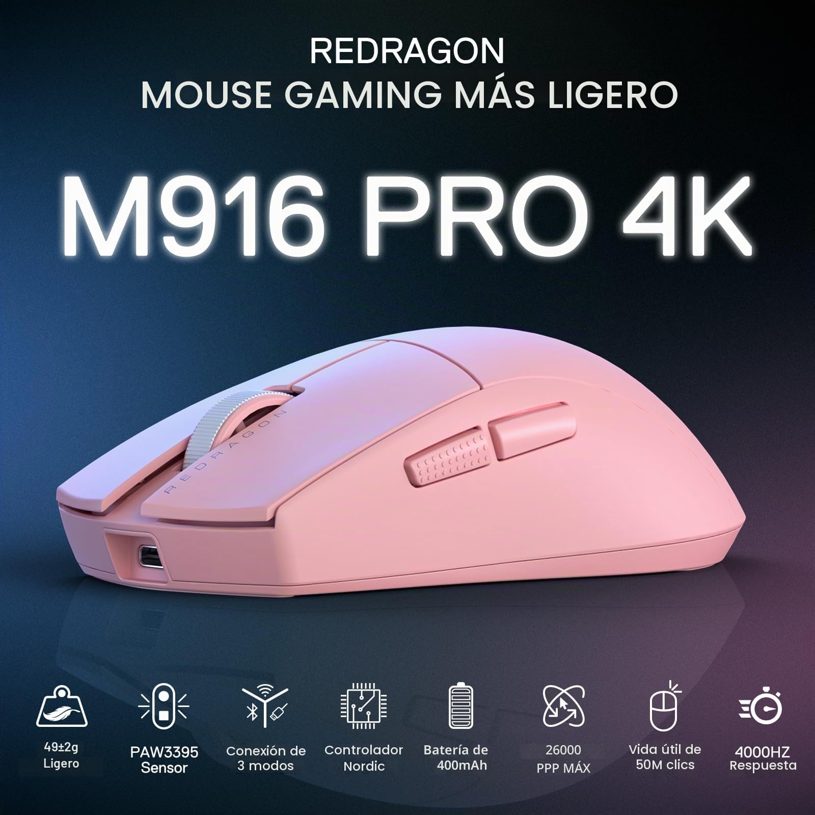 Redragon M916 Pro - Ratón inalámbrico para Juegos de 3 Modos, tasa de sondeo 4K Hype-Speed, 49G, Ultraligero, 26K dpi con construcción ergonómica de Agarre Natural, Botones Macro redefinibles