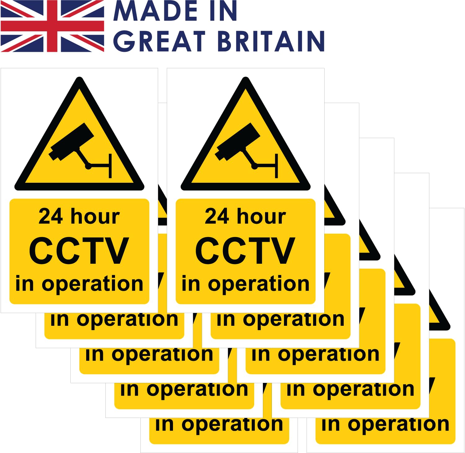 Pack of 10 self Adhesive Safety Signs 90mm x 140mm - 24 Hour CCTV in Operation