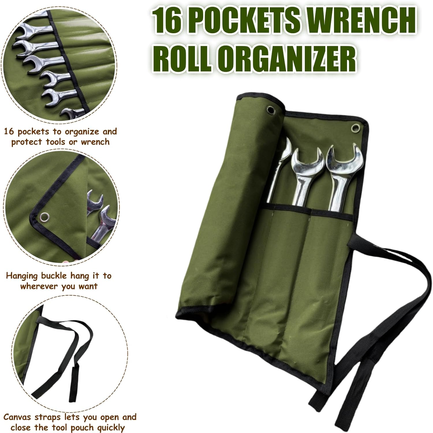 16 Pockets Wrench Roll Up Organizer, Wrench Bag and Tool Organizer Bag, Wrench Roll Up Pouch with Water Proof Oxford Cloth, Roll Up Tool Bag for Wrench Organization, Electrician Gifts