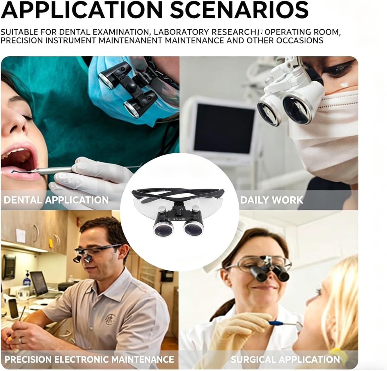 Optical Dental Loupes 3.5X Magnification with 420mm Working Distance - Adjustable LED Head Magnifier Light, Lightweight Ergonomic Design for Dentists & Hygienists