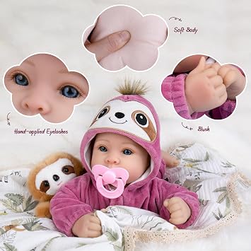 Aori Real Baby Doll, 17 Inch Lifelike Baby Girl in Plum Sloth Outfit