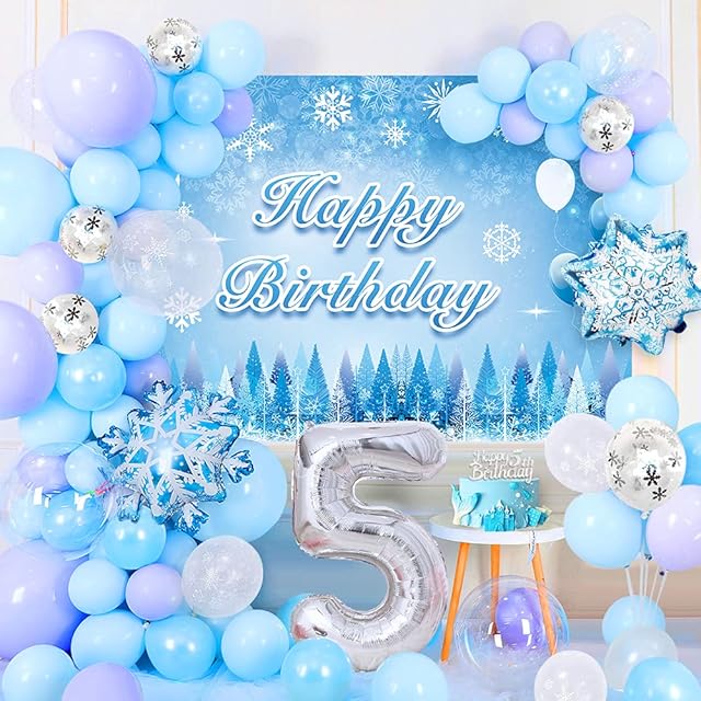 5th Frozen Birthday Decoration Girls,Frozen Balloon Garland Arch Kit with Background Poster,Birthday Cake Topper,White Blue Purple Confetti Foil Balloons,Snowflake Balloons for Princess Party