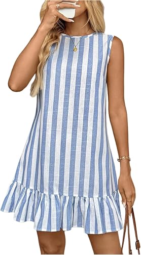 winkbay Women's Striped Ruffle Mini Shift Dress Summer Cute Crew Neck Sleeveless