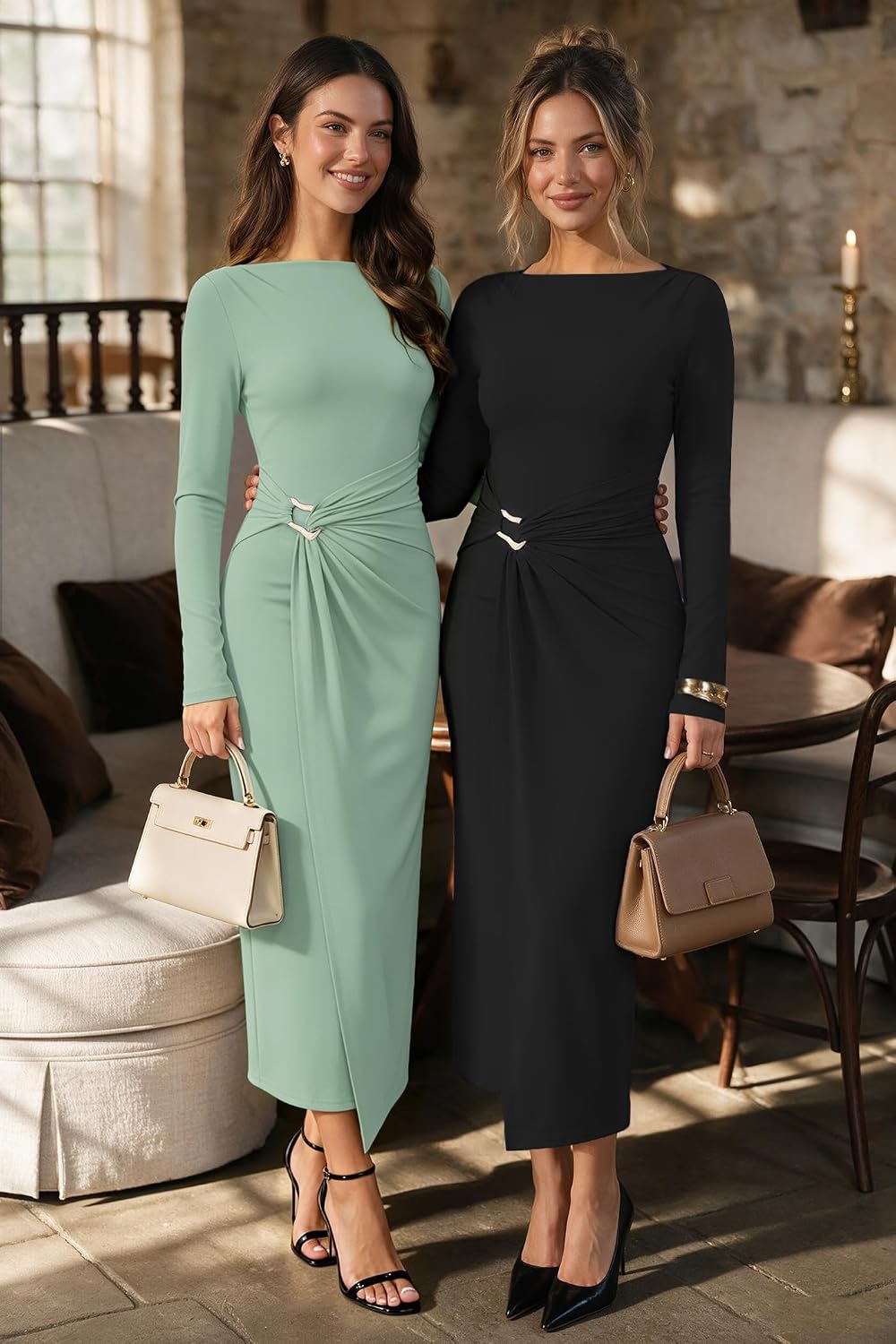 Womens Fall Long Sleeve High Neck Cocktail Wedding Guest Midi Dress image 3