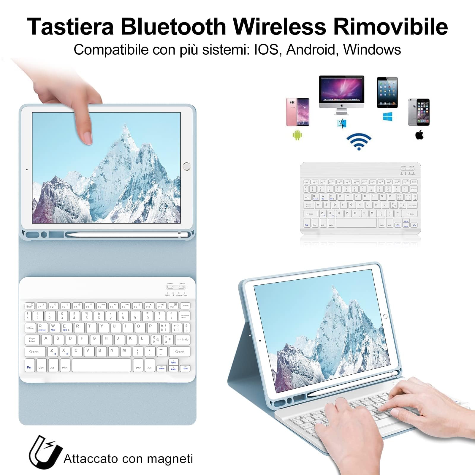 Tastiera per iPad 9/8/7 Generazione 10.2 Pollici/Pro 10.5/iPad Air 3 10.5" | Cover Keyboard Magnetico Staccabile, Italiano QWERTY, Custodia Tastiera Senza Fili Bluetooth con Portapenna, Blu chiaro