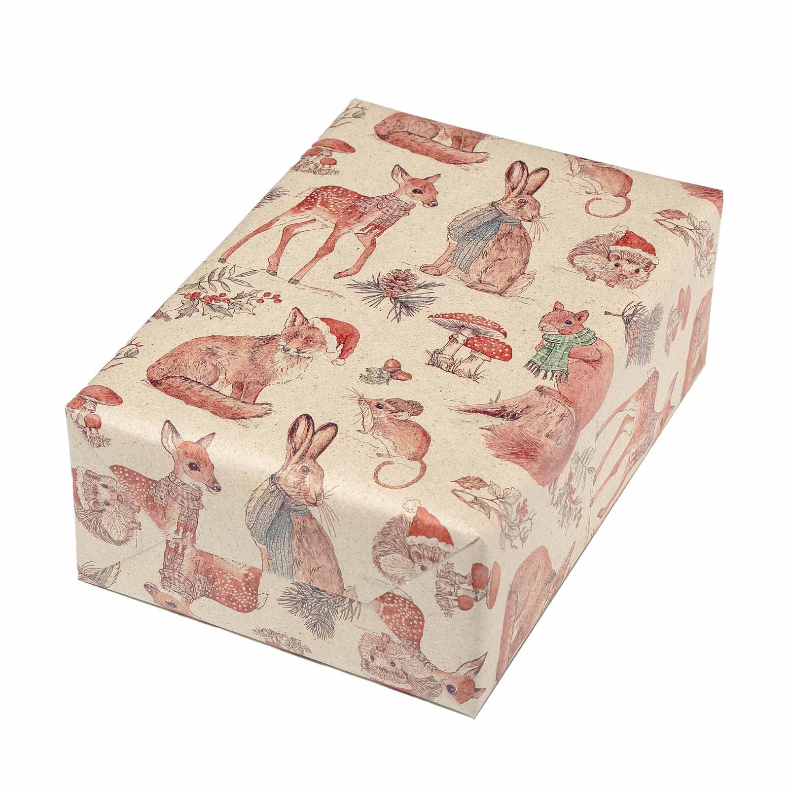 Geschenkpapierrolle groß aus Graspapier Waldtiere 50 cm x 200 m | 80/m² Weihnachtspapier FSC-zertifiziert | HUTNER