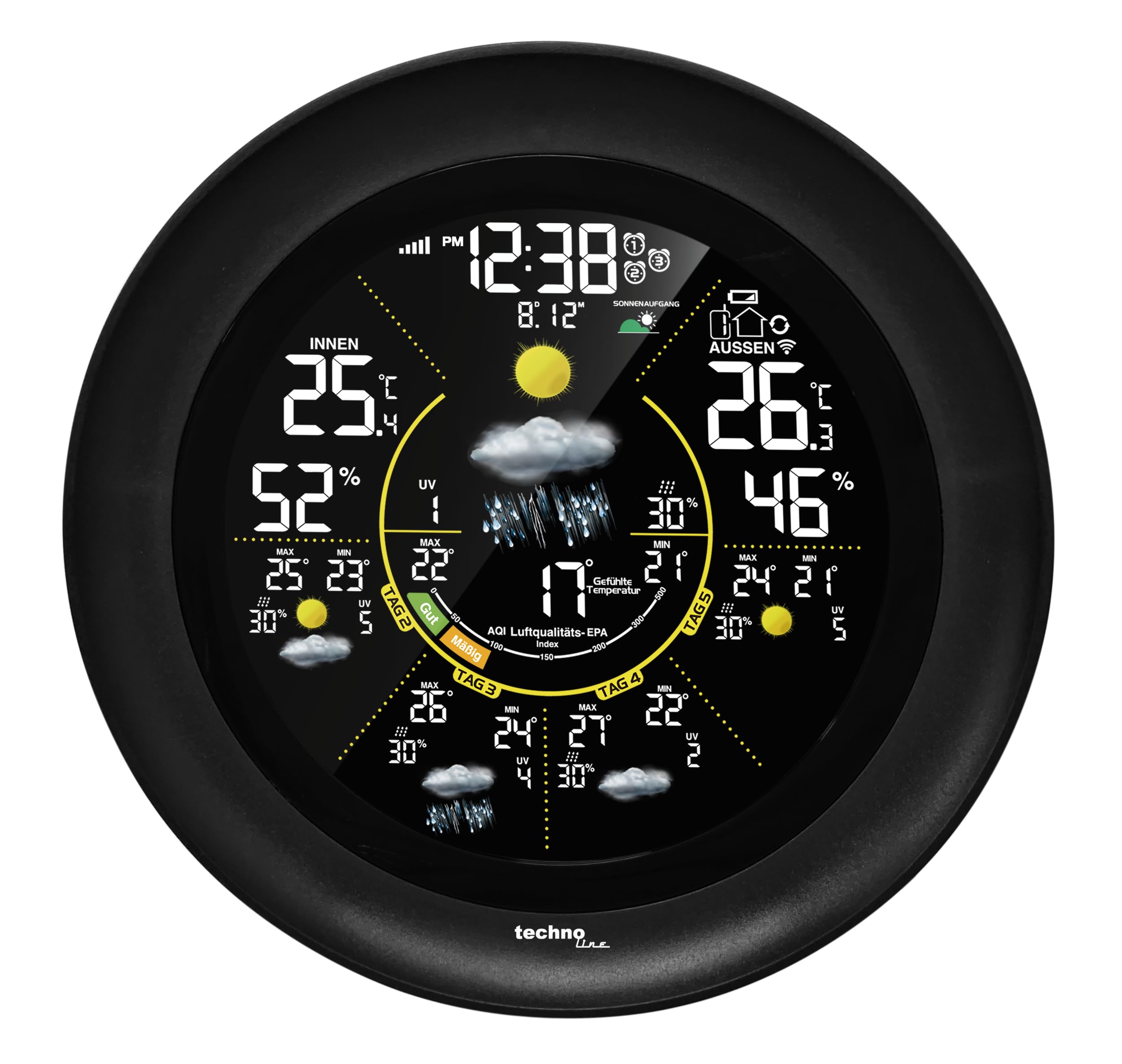 techno line WD 3040 WLAN Wetterstation mit Außensensor | 5-Tage-Wettervorhersage | Farbdisplay | Innen-/Außentemperatur | Luftfeuchtigkeit | UV-Index | AQI Luftqualität | App-Steuerung