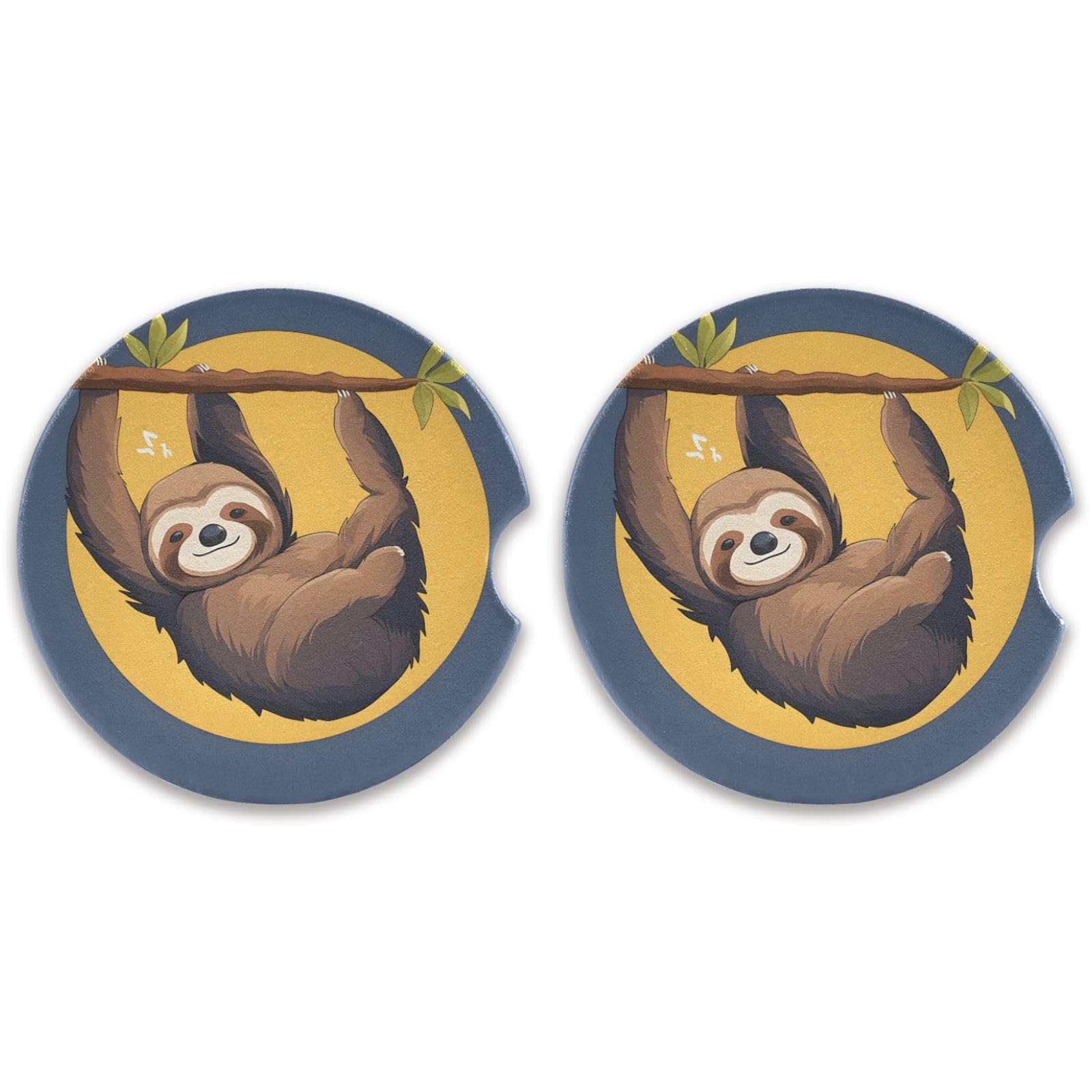 CEBUGI 2 Pcs Car Coaster for Cup Holders 2.5 inch Ceramic Car Coasters with A Finger Notch Absorbent Car Cup Coasters Cute Sloth Car Assecories for