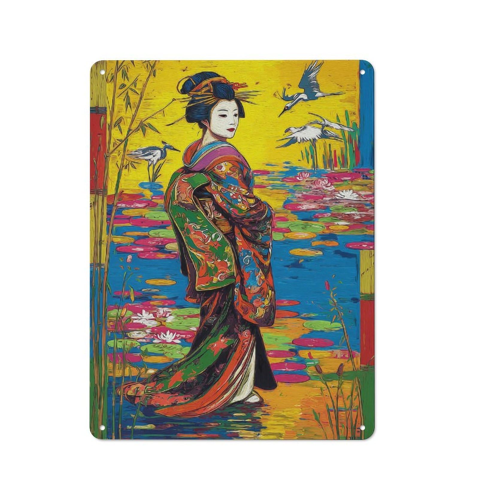 Junmoney Geisha In A Vibrant Garden Smart Metal Wall Decor 40X30cm, Office Metal Sign For Office, Study, Studio Or Hallway