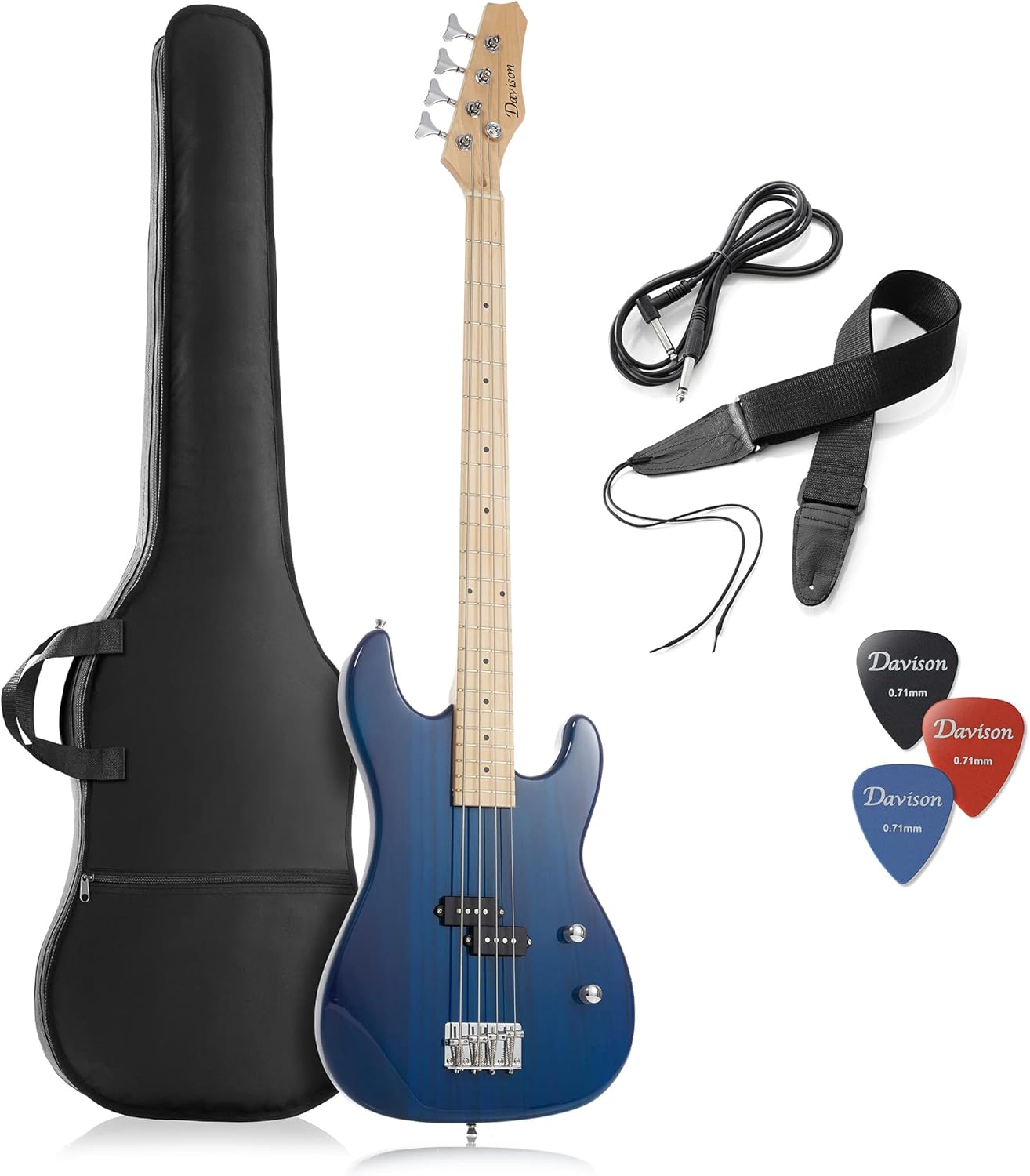 Davison Guitars Guitars 4-String Electric Bass Guitar, Blue - Full Size Right Handed Beginner Kit with Gig Bag and Accessories