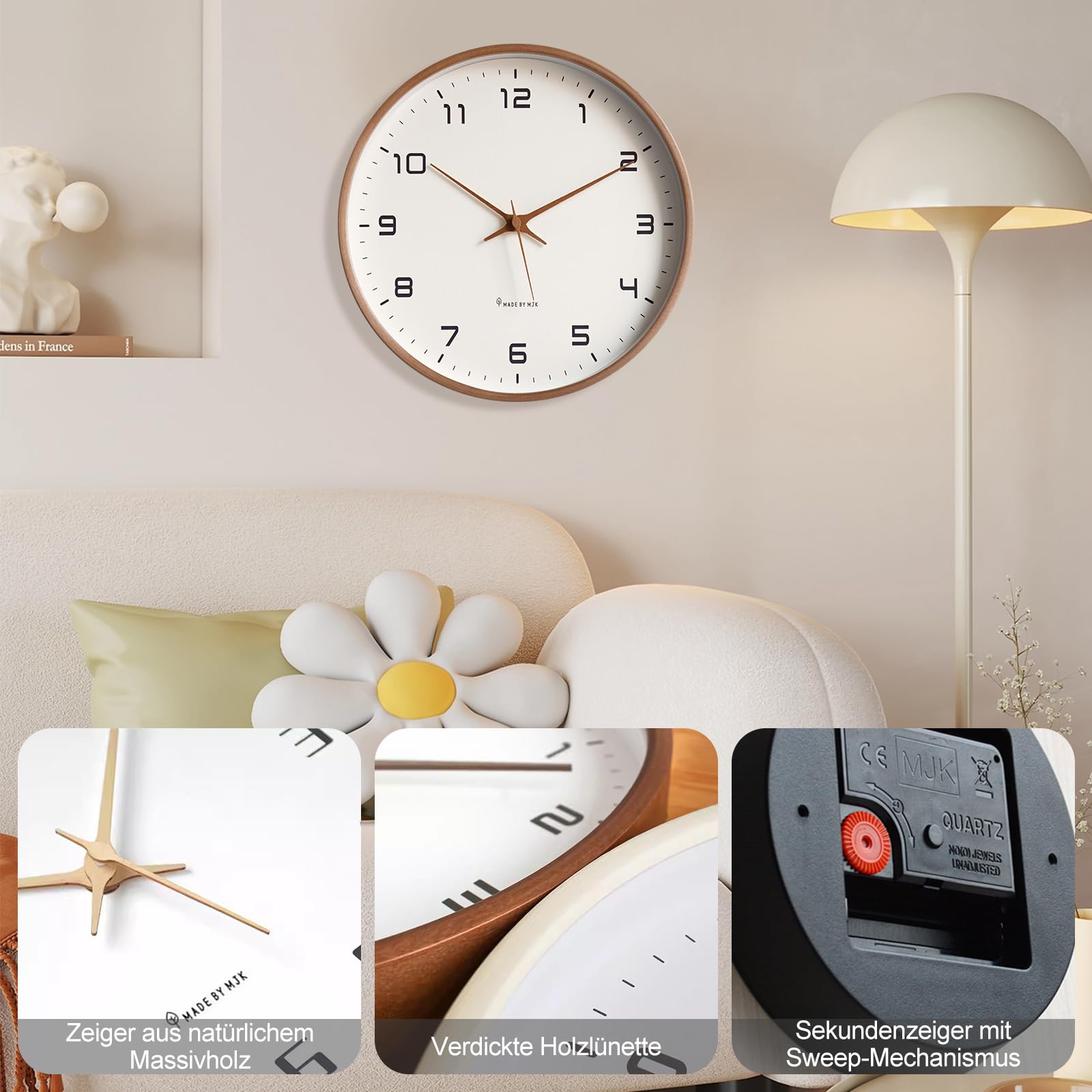 Ergocar Wanduhr, Moderne Stille Ohne Tickende Runde Holzwanduhr Batterie Batterie Angetriebenes Schlafzimmer, Wohnzimmer, Eingang, Küche, Büro