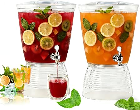 2 Pack Beverage Dispenser with Spigot, 2.7 Gallon Food Grade Beverage Dispense for Countertop, Leak-Proof & Unbreakable Pitcher with Detachable Base & Lid for Easy Cleaning, Perfect for Party Wedding
