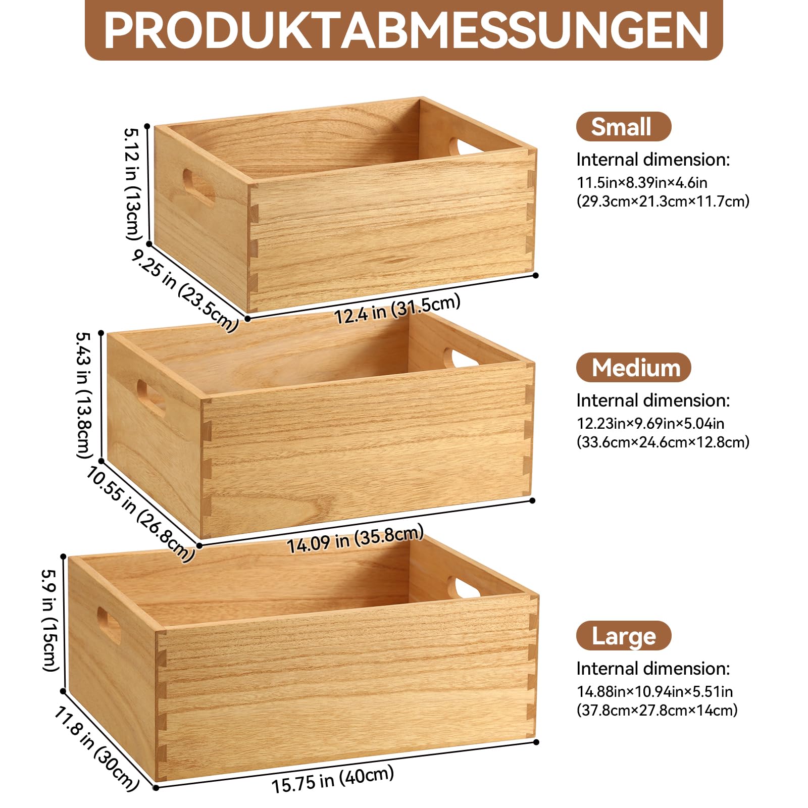 KIRIGEN Aufbewahrungsbox Holz, 3er-Holzkisten-Set mit Griffen, Natur | Ineinander verstaubar, handgefertigt, fertig montiert, Zapfenverbindungen, Pflanzenöl-Oberfläche, für trockene Innenräume