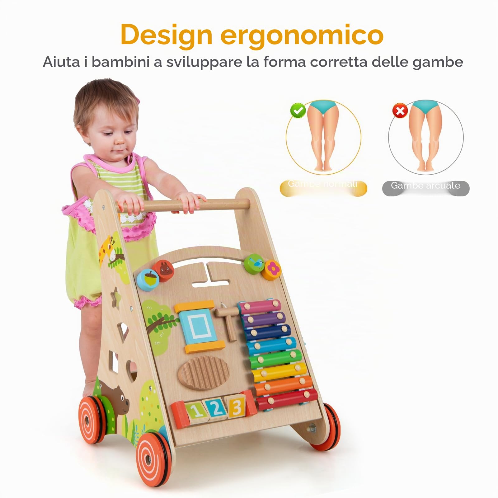 LIFEZEAL Girello Neonato in legno, Primi Passi per Bambini con Giocattoli Montessori, Carrello Primi Passi con Ruote, Gioco per Camminare, Carrellino con Banco da Lavoro per Bimbi da 12 Mesi (B)